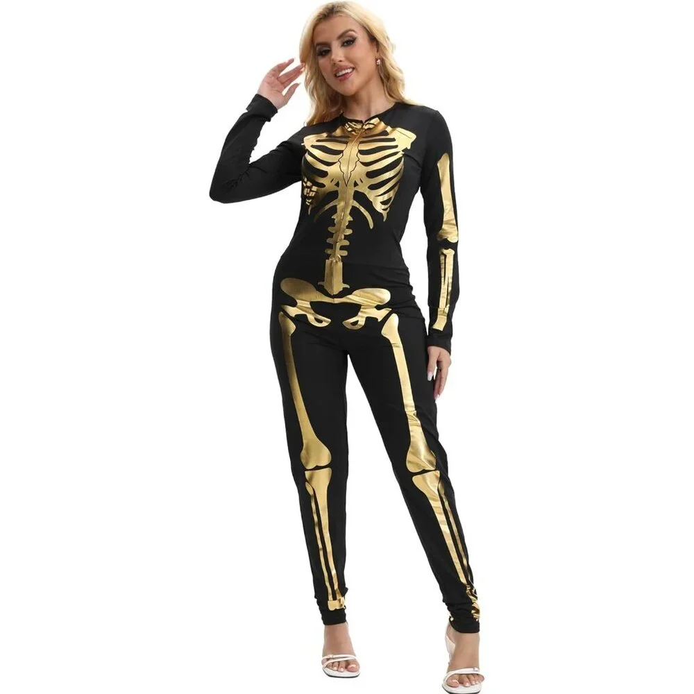 Women's Gold Skeleton Form Fitting Flattering Double Sided Skeleton Costume - Picture 3 of 9